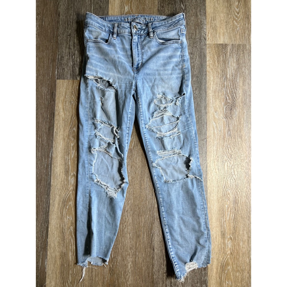 American Eagle‎ Super Stretch Jeans Womens 8 Blue Good Distressed Raw Hem